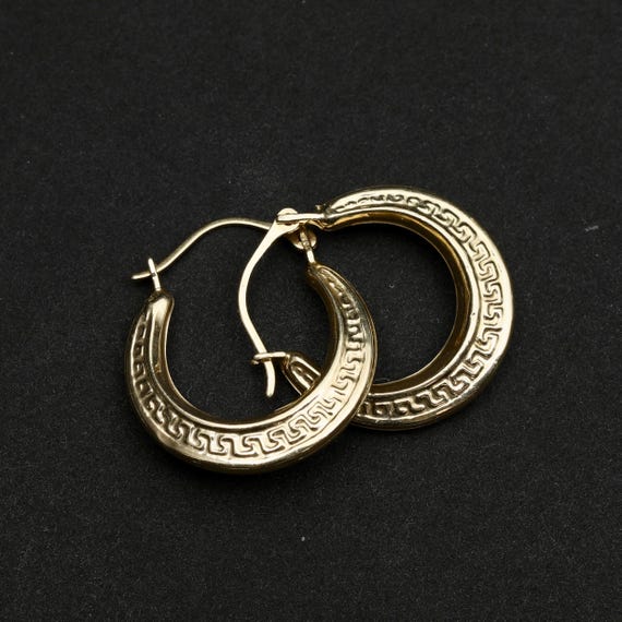 Vintage 14k Gold Hoop Earrings • Greek Key Hoops • Lightweight Gold Earrings