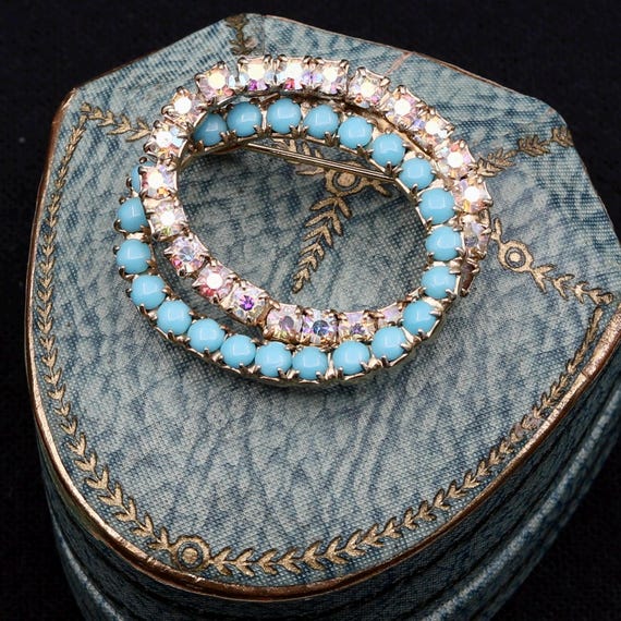 Vintage Turquoise Pin Brooch, Brooch Vintage Rhinestone, Crystal Circle Pin 1950-60's, Gold Retro Brooch Pins, Vintage Gold Jewelry