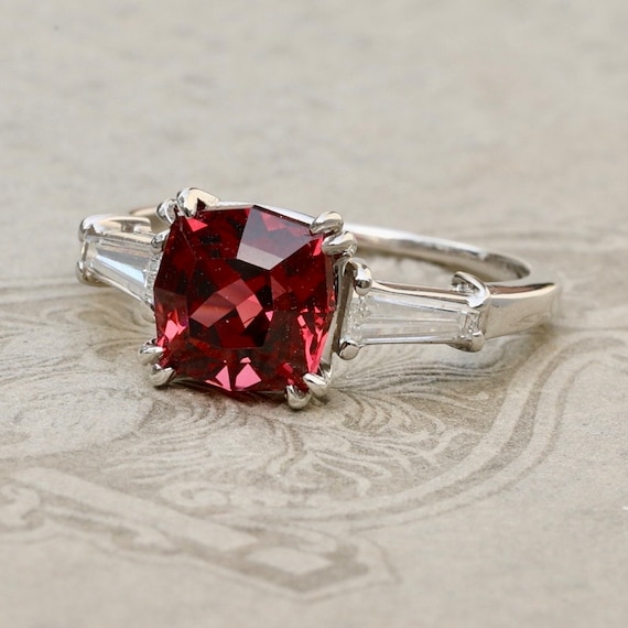 Platinum Garnet Engagement Ring, 3ct Cushion Garnet & Diamond Baguette Ring, Vintage Bridal Jewelry