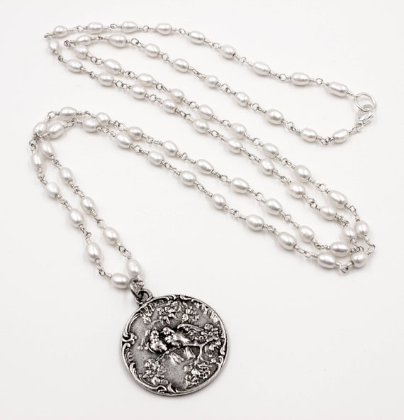 Bird Pendant Pearl Necklace • Sterling Silver • Mothers Day Necklace • June Birthstone