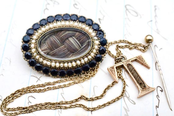 Victorian Mourning Brooch • Hair Work Under Crystal • Onyx & Pearl • 14K T Charm