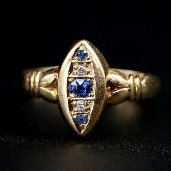 Victorian Sapphire & Diamond Marquise Navette Ring • Antique 18k Gold • September Birthstone Jewelry • Size 6.5