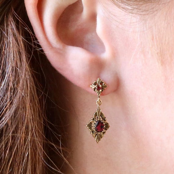 Vintage Garnet Earrings • 14k Solid Gold Earrings • Victorian Revival • January Birthstone Jewelry