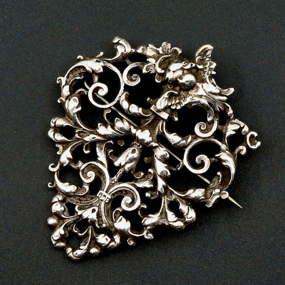 Victorian Sterling Silver Brooch • Gothic Floral Scrollwork • Antique Lapel Pin