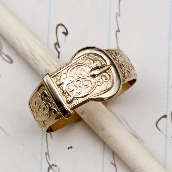 Gold Buckle Wedding Band • Solid 10K • Victorian Revival Ring 1979 Hallmarked