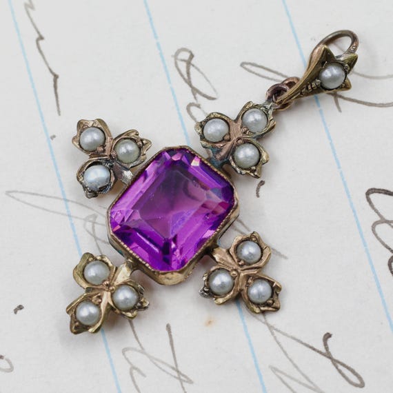 Victorian Amethyst Cross Pendant, Antique Pearl Gold Washed Silver Necklace