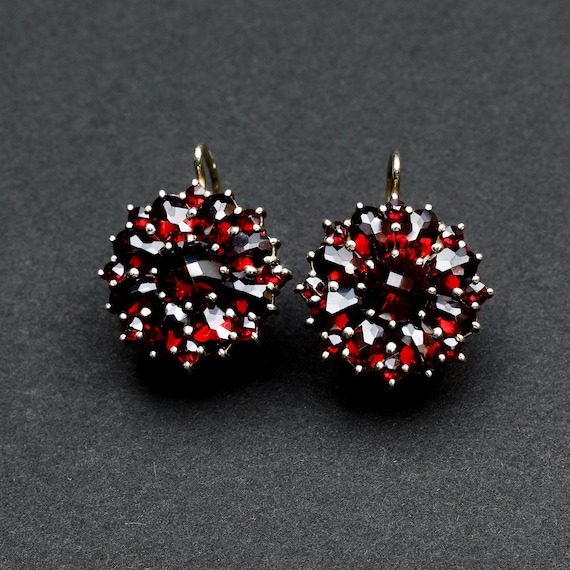 Bohemian Garnet Earrings • Gilt Sterling Silver Lever Backs • Czech Estate Jewelry