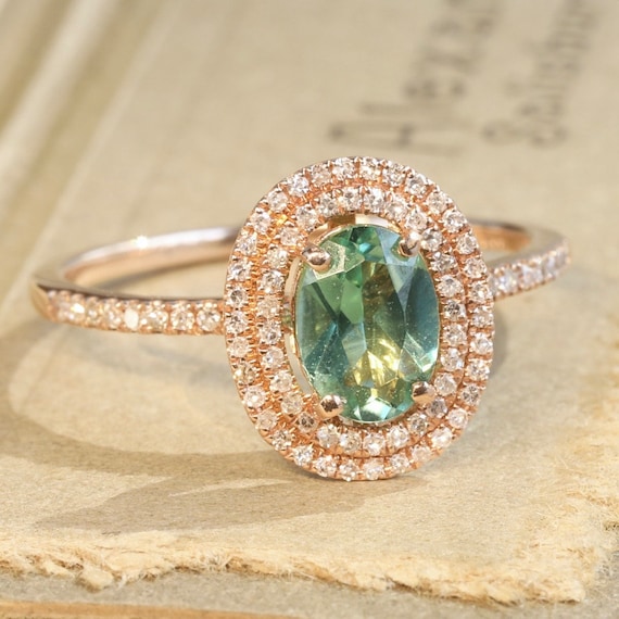 Tourmaline Diamond Halo Ring • 14k Rose Gold • Engagement or Anniversary Ring
