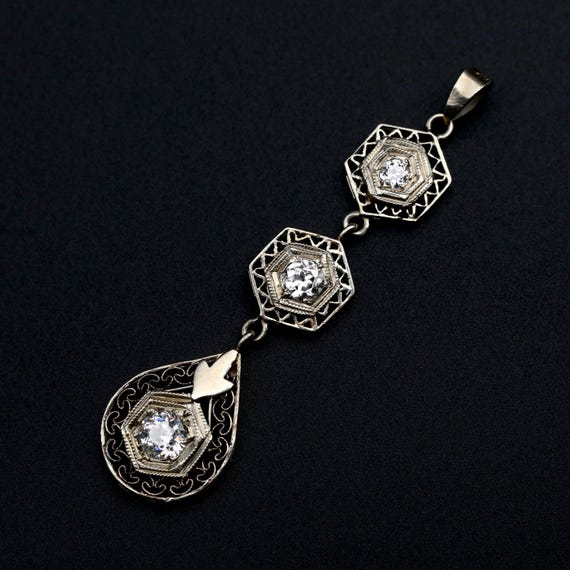 Antique Diamond Pendant • 14k Gold Three Stone Drop Necklace • Edwardian Heirloom Jewelry • April Birthstone