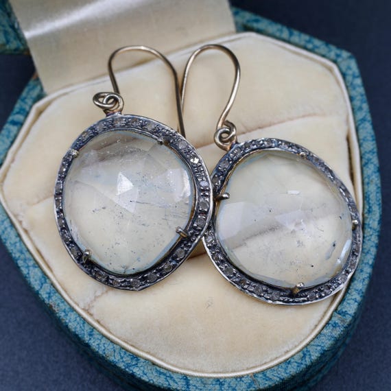 Vintage-Style 14k Aquamarine Earrings • Rose Cut Gemstone Drops • Raw Diamond Halo Earrings • March Birthstone Jewelry