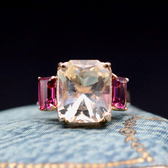Vintage Chrysoberyl Garnet Ring • 14k Gold 3 Stone Cushion Cut Cocktail Ring • January Birthstone