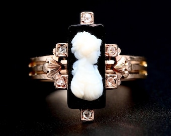 Anillo victoriano con camafeo de diamantes • Anillo antiguo de oro rosa macizo de 14k con ónix • Joyería victoriana con camafeo • Talla 8
