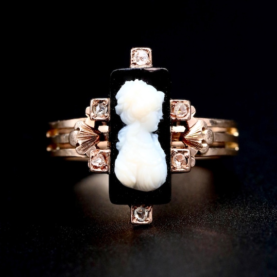 Victorian Diamond Cameo Ring • Antique 14k Solid Rose Gold Onyx Ring • Victorian Cameo Jewelry • Size 8