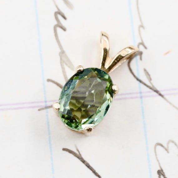14k Gold Green Tourmaline Pendant, Vintage Gemstone Necklace, Dainty Solitaire October Birthstone Gift