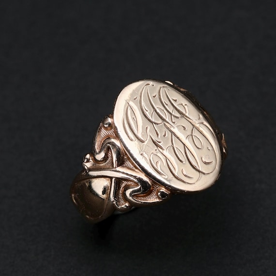 Art Nouveau 10K Gold Signet Ring • Engraved GJJ Initials, Size 7