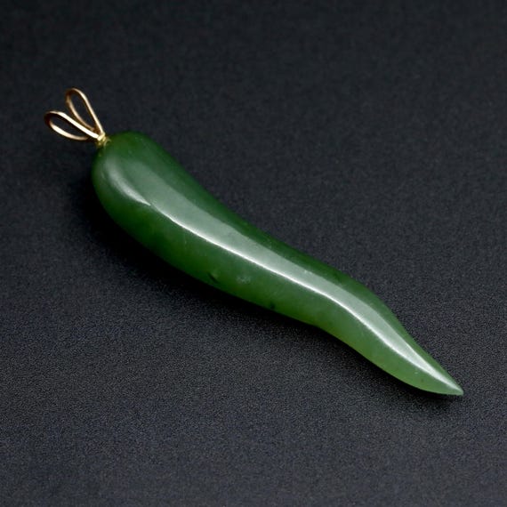 14k Gold Jadeite Italian Pendant • Cornicello Protection Charm • Talisman Estate Jewelry