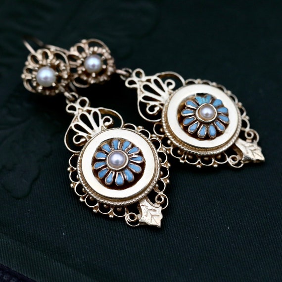 Victorian 14k Gold Enamel Earrings • Antique Pearl Dangle Earrings • Rare Something Blue Bridal Jewelry • Filigree Wedding Earrings