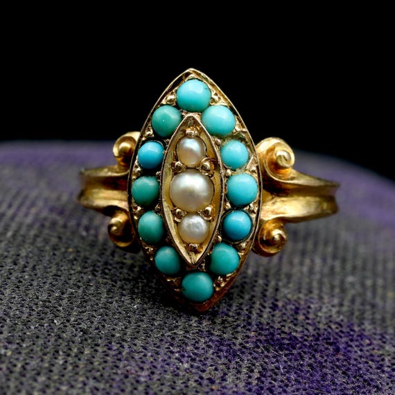 Turquoise Pearl Gold Navette Ring, Antique Victorian Fine Birthstone Jewelry, Marquise Shape Birthstone Solid Gold Pinky Ring