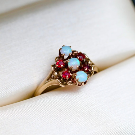 Victorian Opal & Ruby Ring in 10k Gold • Antique Cluster Ring • Natural Opal Birthstone Jewelry