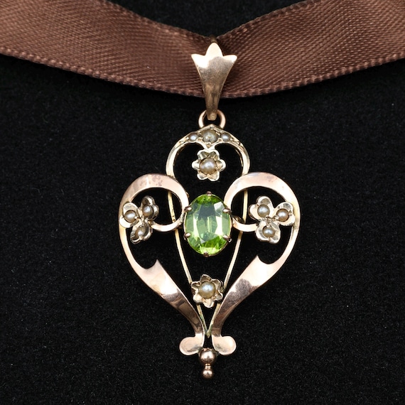 Art Nouveau Peridot Pendant • 9K Rose Gold & Seed Pearls • Antique Heart Lavaliere c.1900