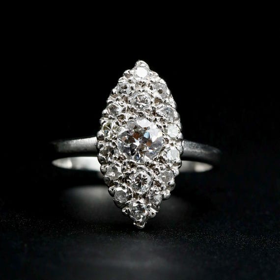 Antique Navette  Diamond Ring •  Diamond Platinum Engagement Ring • Marquise Shape • Size 7