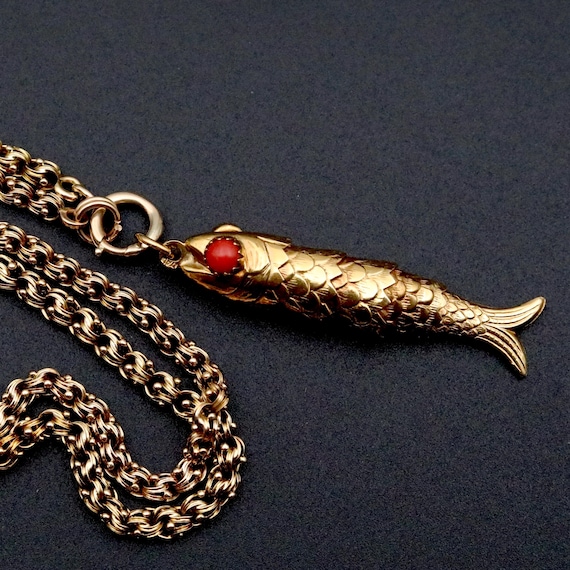 18K Solid Gold Articulated Fish Pendant, Large Vintage Italian Coral Eyes Charm Necklace