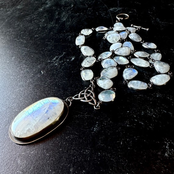 Handmade Sterling Moonstone Necklace • Large Rainbow Moonstone Pendant • Celtic Knot Celestial Jewelry • Artisan Silver Statement Necklace