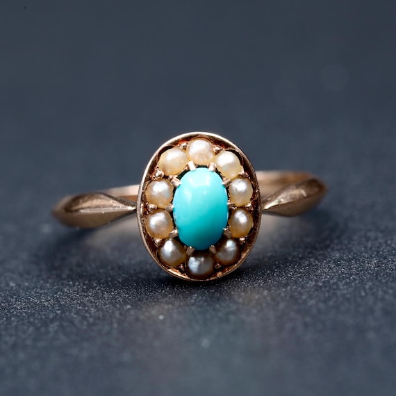 Victorian Turquoise & Pearl Ring • 14k Rose Gold Antique December Birthstone Jewelry • Pinky Ring