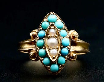 Anillo victoriano de turquesa y perlas con diseño de navette • Joyería antigua de alta calidad • Anillo de oro con piedra natal • Talla 5-3/4