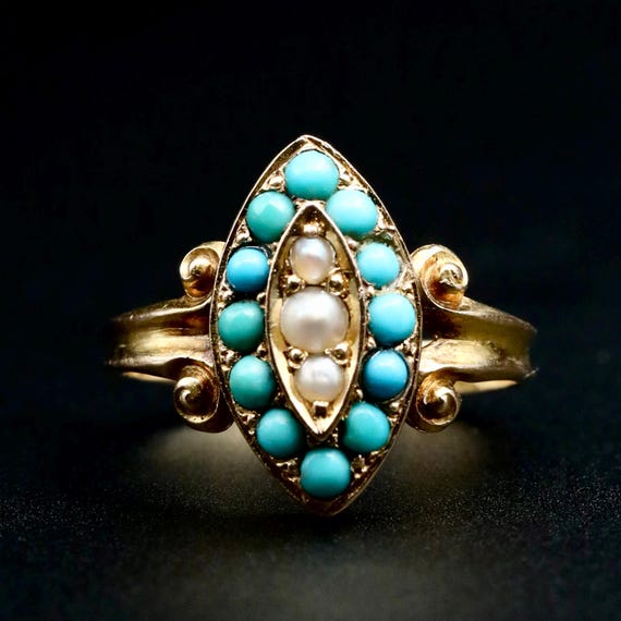 Victorian Turquoise & Pearl Navette Ring • Antique Fine Estate Jewelry • Gold Birthstone Ring • Size 5-3/4