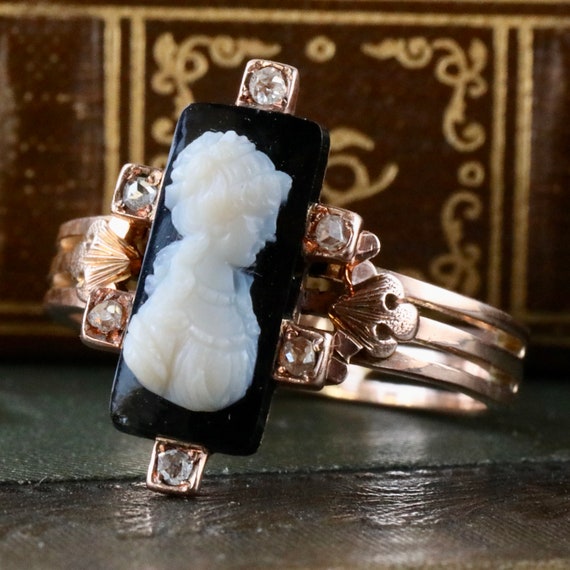 Victorian Onyx Cameo Ring • 14k Rose Gold Navette • Antique Rose-Cut Diamond Ring c.1880s