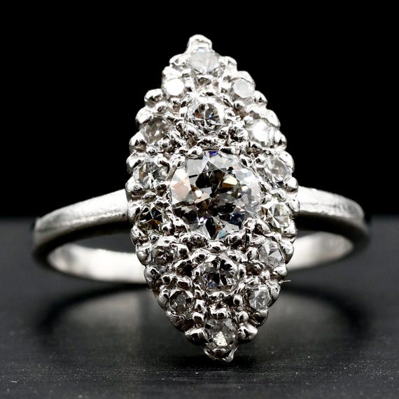 Marquise Navette Diamond Platinum Ring, Antique Edwardian Diamond Ring, April Birthstone Statement Ring Jewelry, Engagement or Cocktail Ring