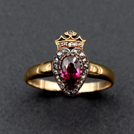Victorian 18k Gold Crowned Heart Garnet & Rose Cut Diamond Ring • Antique Love Ring • January Birthstone • 2nd Anniversary Jewelry