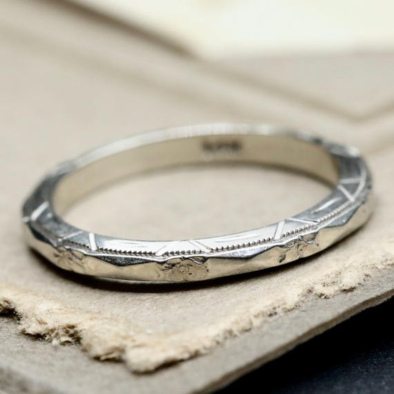 Thin Art Deco Wedding Band • 14k Gold Orange Blossom Engraved Ring Size 5.5