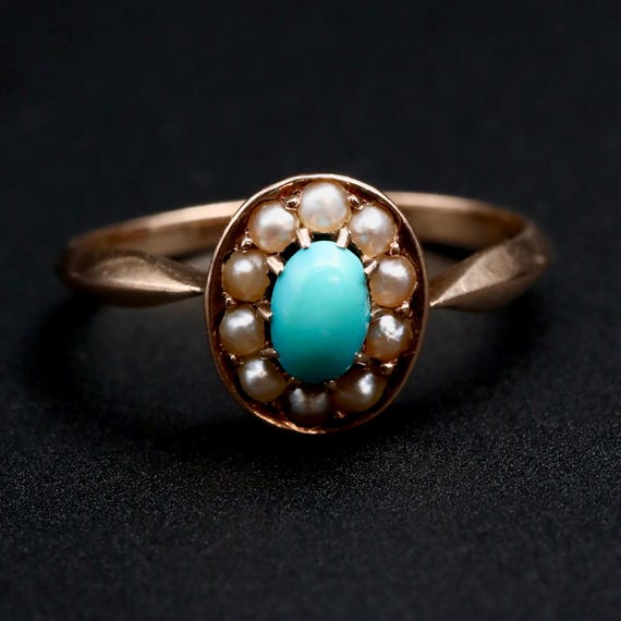 Victorian Turquoise & Pearl Ring • 14k Rose Gold Antique December Birthstone Jewelry • Gold Pinky Ring • Size 5.5