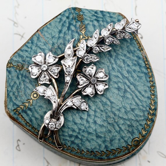 Diamond 14k Gold Flower Brooch - Art Nouveau Antique Butterfly Jewelry - Unique Anniversary Gift