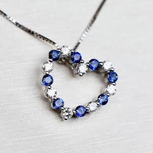 Diamond Blue Sapphire Open Heart Pendant Necklace, 14k White Gold September Birthstone Anniversary Gift, Vintage Bridal Jewelry