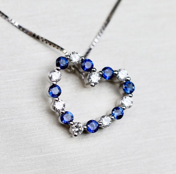 Diamond Sapphire Heart Pendant • 14k White Gold Necklace • September Birthstone • Something Blue