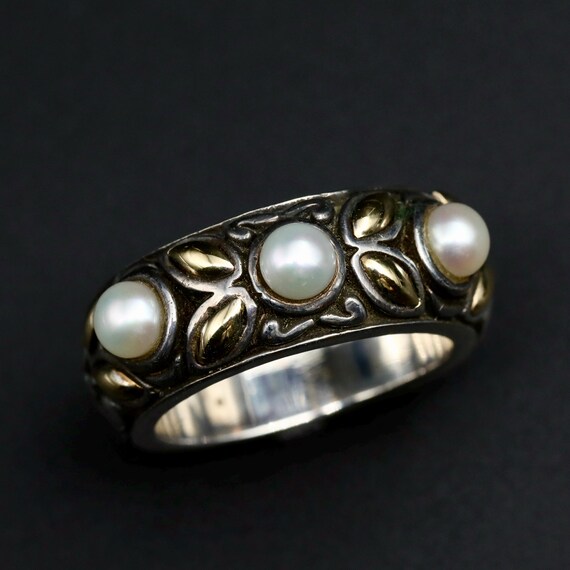 Mixed Metal Pearl Ring • Vintage Sterling Silver 18k Gold Wide Band Ring • Y2k Jewelry • Size 7-1/4