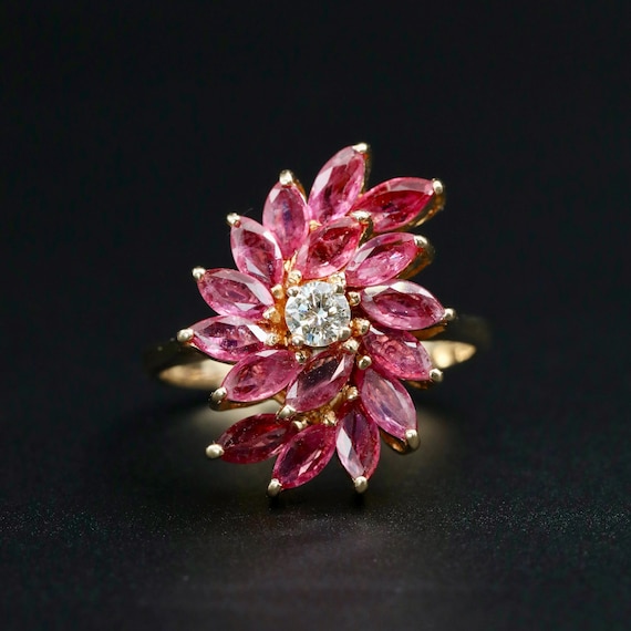 14k Solid Gold Ruby Diamond Ring, Vintage Cluster Cocktail Ring, Estate Fine Jewelry, July Birthday • Size 7-3/4