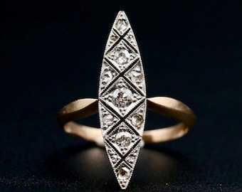 Anillo antiguo de diamantes con talla marquesa • Platino y oro de 18k de la época eduardiana • Anillo con talla marquesa de corte europeo antiguo • Talla 5-3/4