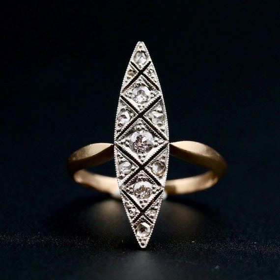Antique Diamond Navette Ring • Edwardian Platinum & 18k Gold • Old European Cut Marquise Ring  • Size 5-3/4