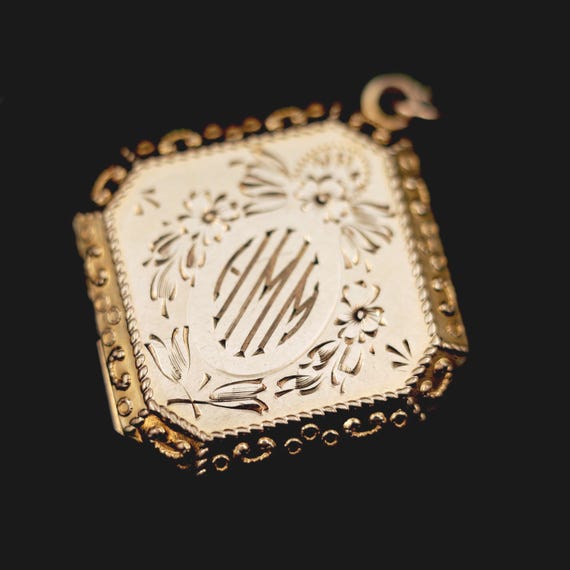 Antique Art Deco Gold Filled Locket Jewelry, Engraved Square Hair Locket Mourning Jewelry, Vintage Estate Jewelry Locket Necklace