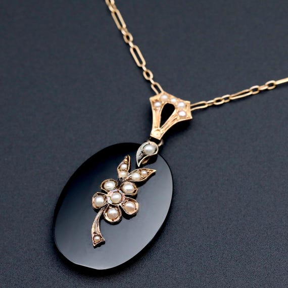Black Onyx Necklace • Antique Seed Pearl Art Deco Jewelry • 14k Gold Gothic Choker • Mourning Jewelry