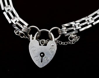 925 Silver Heart Padlock Bracelet • 1974 Gate Link Chain • Vintage Chunky Sterling Jewelry