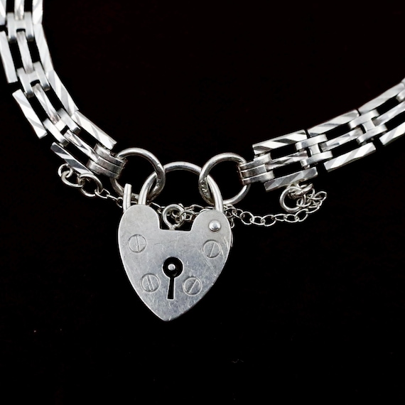 925 Silver Heart Padlock Bracelet • 1974 Gate Link Chain • Vintage Chunky Sterling Jewelry
