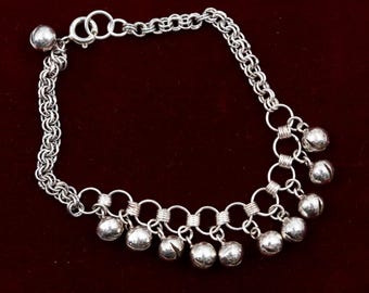 925 Sterling Silver Bells Chain Bracelet, Belly Dance Costume Jewelry, Silver Ball Bell Bracelet