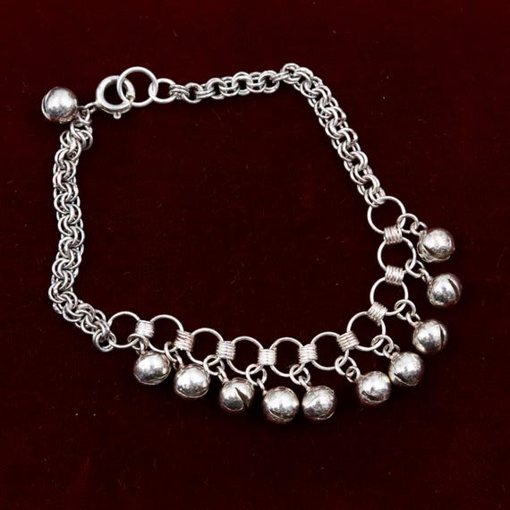 925 Sterling Silver Bells Chain Bracelet, Belly Dance Costume Jewelry, Silver Ball Bell Bracelet