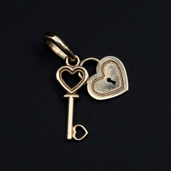 14k Gold Lock and Key Heart Pendant • Solid Gold Charm • Vintage Minimalist Necklace Charm