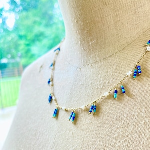 Gold Necklace with Pearl, Turquoise & Lapis Lazuli,  14k Gold Filled Handmade Gemstone Necklace, Dainty Boho Statement Jewelry